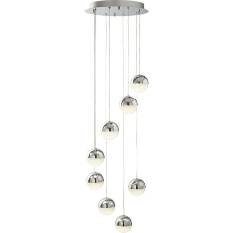 Searchlight Marbles - Pendentif en grappe en spirale à 8 ampoules DEL intégrées, chrome, verre de glace pilé (1/3)