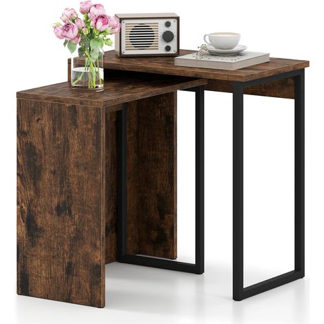 2-in-1 Nesting Coffee Table Set of 2 for Living Room and Bedroom-Rustic Brown (1/5)