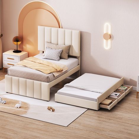 Lit capitonné classique 90x200 cm beige avec tête de lit réglable, lit gigogne 90x190 et 3 tiroirs (1/5)