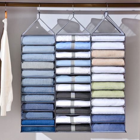 Organisateur de placard pliable 12 compartiments pour vêtements, étagère grise pour dressing (1/5)