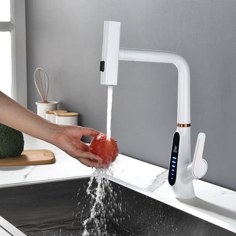 Robinet de Cuisine Extractible, 3 Modes de Débit D'eau, Cascade, Affichage Numérique LED, Pivotant à 360° Mitigeur Cuisine Robinet, Mitigeur Cuisine à Poignée Unique, 59A Cuivre(Blanc) (1/5)