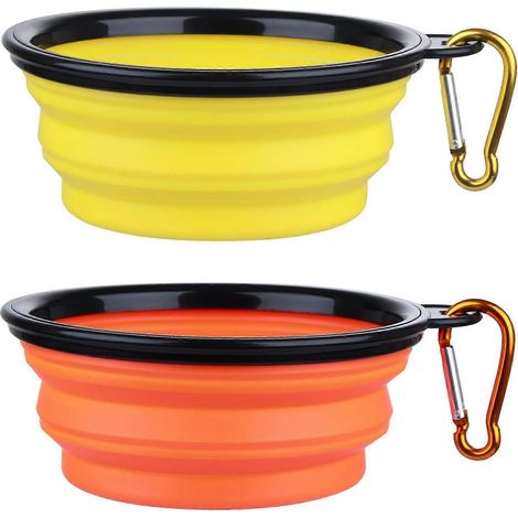 Gamelles pliables pour chiens et chats lot de 2 portables pour promenades voyages avec 2 mousquetons petit modèle orange et jaune (1/5)