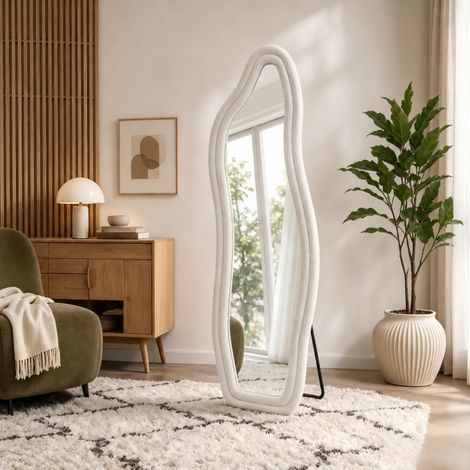 Miroirs pleine longueur 160 x 50 cm-Miroir de sol sur pied-Miroir forme dauphin-Miroir de Sol-Grand Miroir sur Pied-Velours blanc-Pour chambre à coucher, salon, entrée (1/5)
