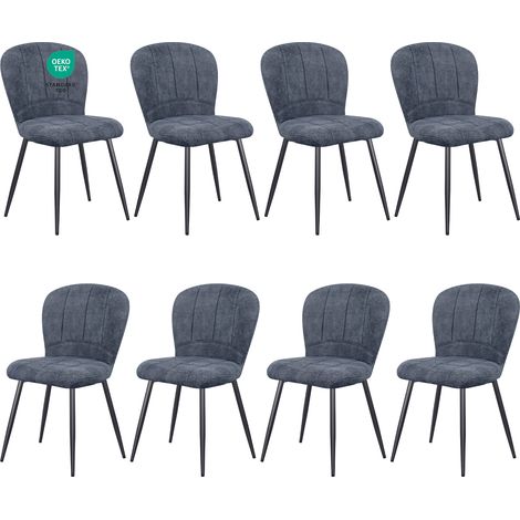 Lewe – Lot de 8 chaises de salle à manger – Design coquillage en tissu chenille doux – Pieds en métal noir – Confort ergonomique