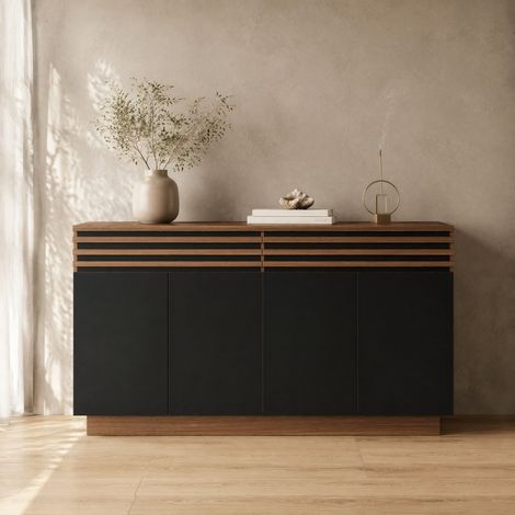 Modernes Sideboard 150 x 40 x 85 cm in brauner Holzoptik mit schwarzen Türen, 2 Schubladen & 4 Türen – Viel Stauraum, stilvolles Design für Wohnzimmer, Esszimmer & Küche.[OLD SKU: GL3356N] (1/5)