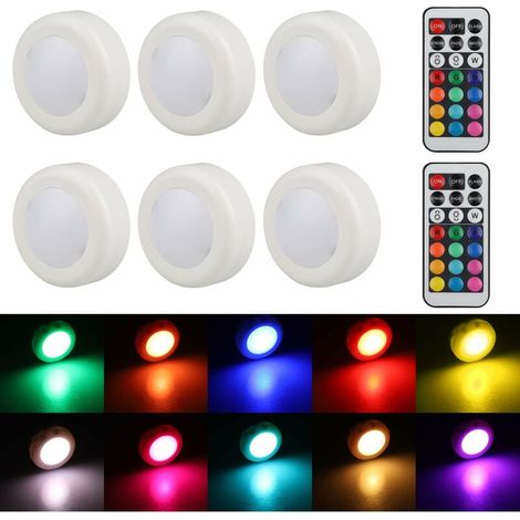 6 Pack RGB Puck Closet Lights, Wireless LED String Lights Under Cabinet Counter Lights, Stick On Lights Battery Operated Night Lights with Remote, Dimmable Closet Lights (1/5)