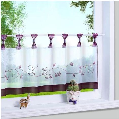 1 lot de rideaux brise-bise à passants Motif fleurs brodées Petit rideau de café Terri, 60 x 120 cm, baie (1/4)