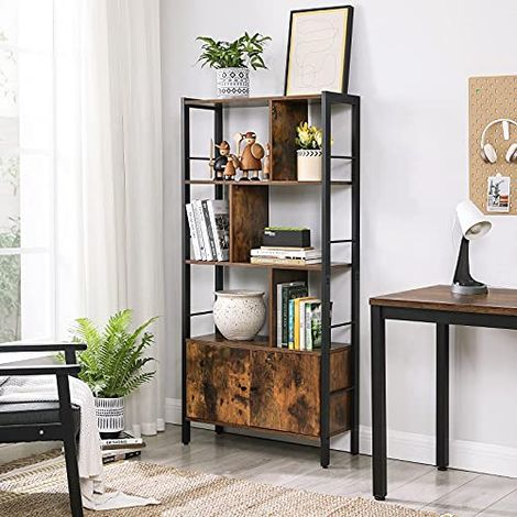 Étagère à 4 niveaux VASAGLE - Bibliothèque - Meuble de rangement - Placard avec portes - Grand - Cadre en acier - Pour salon, bureau, chambre - Style industriel - Marron rustique et noir (1/5)