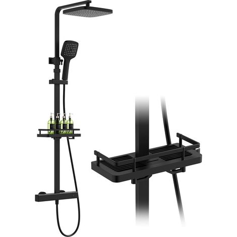 HOMELIVE Duschsystem mit Thermostat & Duschablage Schwarz - Duscharmatur Komplettset mit Handbrause & Kopfbrause - Höhenverstellbar, 38 °C Sicherheitssperre, Wandmontage für modernes Badezimmer (1/5)