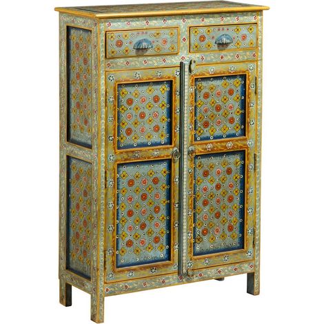 Mobiletto etnico dipinto con 2 ante e 2 cassetti blu giallo Frida (1/3)