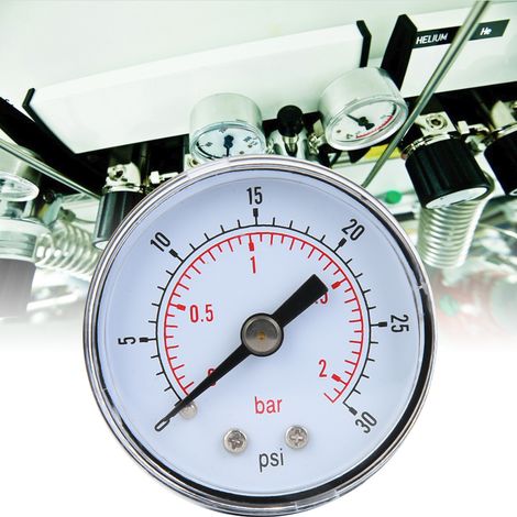 Manomètre mécanique à aiguille double échelle pour air huile eau, raccord arrière BSPT 1/8 pouce, 0-30psi 0-2bar, boîtier métallique, cadran transparent (1/5)