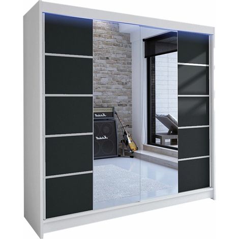 Armoire Closico 154, Blanc + Noir, 215x180x58cm, Portes d'armoire: Coulissantes, Nombre d'étagères: 5, LED (1/4)