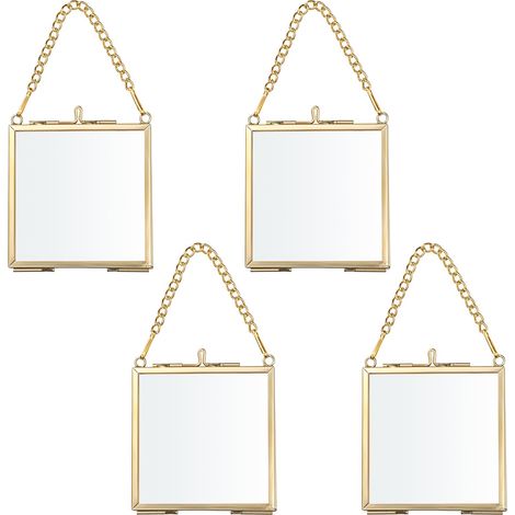 Lot de 4 mini cadres photo carrés en métal et verre à suspendre - Ornement géométrique - Plante - Clip pour fleurs pressées - 2,7 x 2,7/7 x 7 cm - Doré (1/5)