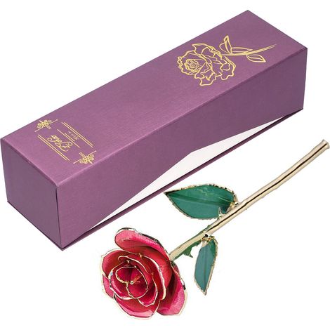 Rose plaquée or 24 carats, feuille rose et verte, avec socle, idéale comme cadeau de Saint-Valentin. (1/5)