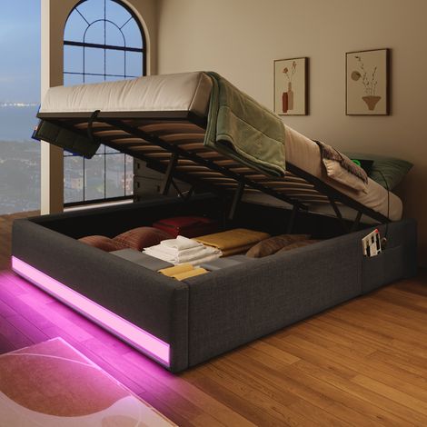 Lit coffre rembourré 140x200 cm avec rangement hydraulique, sans tête de lit, LED multicolore, USB Type-C et poches latérales, tissu aspect lin, Gris (1/5)