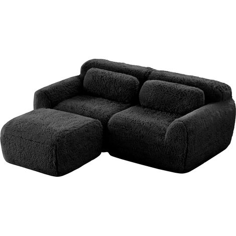 Canapé d’angle modulable 2 places en tissu doux noir, assise moelleuse avec coussins, format gain de place pour petit salon et détente rapide  CHICFURN (1/5)