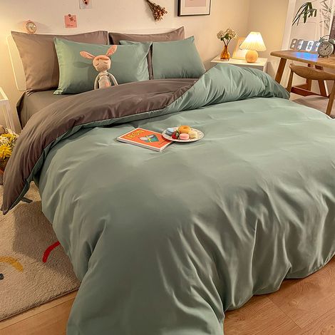 Dicke, gebürstete Baumwoll-Bettwäsche im Studenten-Ins-Stil, 4-teiliges Set mit Spannbettlaken 180x200cm, Bohnengrün und Silbergrau-lsw