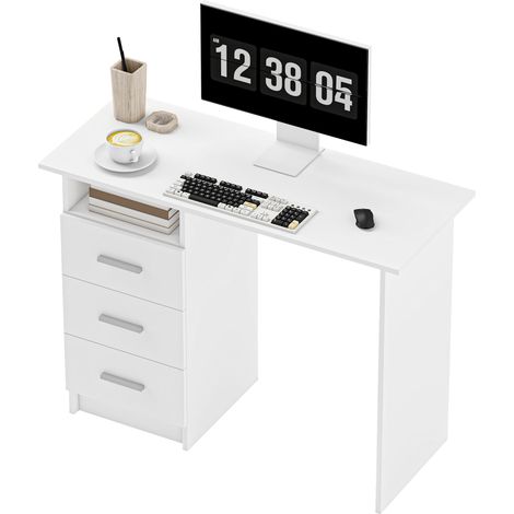 Weißer Computertisch 100x40x75 cm mit 3 Schubladen und offenem Fach, moderner Stil