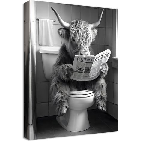 Cadre en Bois Impression sur Toile Salle de Bain Bovins Tableau Affiche Decoration Murale Image sur Toile Vache des Highlands lisant le Journal dans les Toilettes Tableau Decoration Murale WC 30x40cm (1/5)