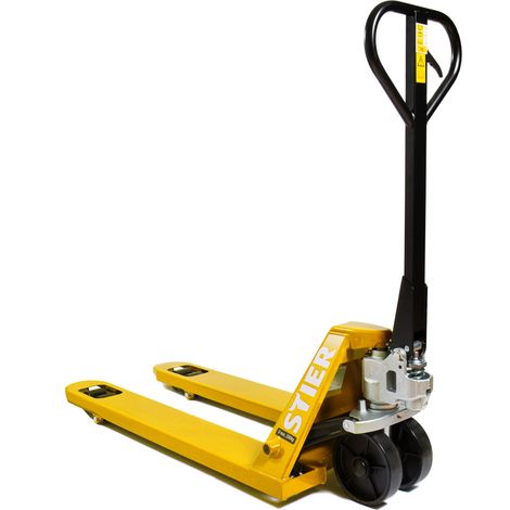 STIER Hubwagen, Gabelhubwagen mit Tragkraft 2500 kg, Gabellänge 1150 mm, vormontiert und direkt startklart, Nylon-Rollen, Gelb, Palettenhubwagen, Handhubwagen, Lenkeinschlag 210°