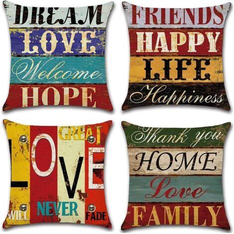 Taie d'oreiller, Lot de 4 en Coton et Lin Rétro Style Housse De Coussin carré pour Lit Voiture De La Maison Canapé 45 x 45 cm (Amour Rétro) (1/5)