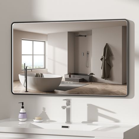 AquaWise Miroir de salle de bain LED Cadre noir 80x60 cm Anti-buée 3 couleurs de lumière, Dimmable, Installation horizontale/verticale