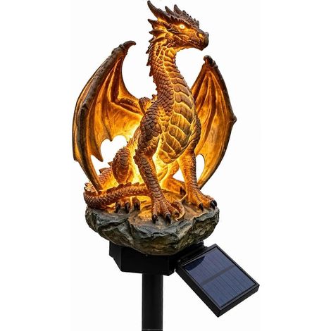 Lampe solaire de jardin Dragon Legacy Golden Ember Edition - Statue lumineuse d'extérieur, décoration gothique médiévale fantastique pour Halloween, cadeau unique pour les fans de Dragon Legacy