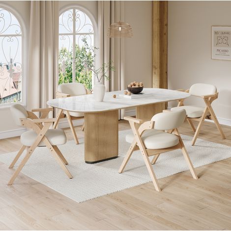 4 sillas de comedor plegables de madera, respaldo y asiento de lino, beige HAVRYA (1/5)