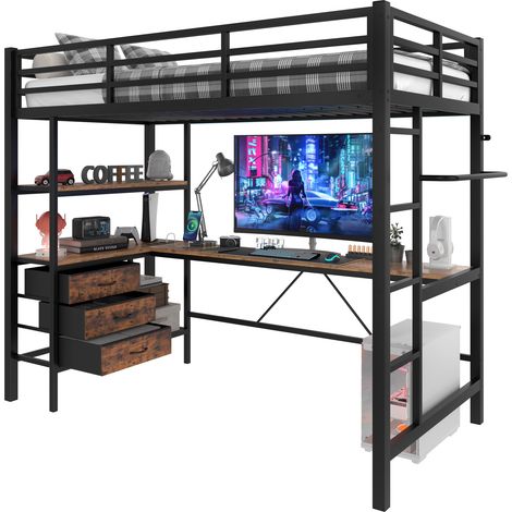Letto a soppalco 90x200 cm nero salvaspazio con scrivania, LED ambientale, prese USB, 3 cassetti, ripiani e scala sicura per studio e camera CHICFURN (1/5)