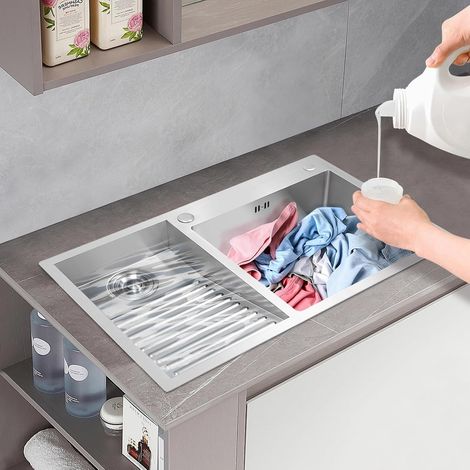 Lavabo à linge, en acier inoxydable, avec tamis d'évier et planche à laver, 80 x 48 cm, encastrable, avec 2 bacs, évier de cuisine, lavabo ménager, pour buanderie, balcon (1/5)