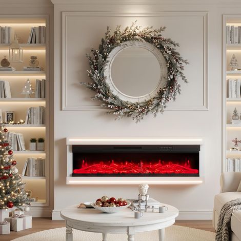 Cheminée électrique murale 152 cm - Finition Brillante – Télécommande, réglage flamme/lumière, chauffage 2 puissances (750W/1500W) - Blanc