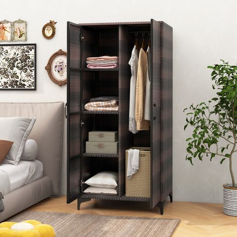 Armoire Penderie 157 cm Osier PE 2 Portes Tringle 4 Cubes Rangement Vêtements Marron CWXT6166 DESIGN IN (1/2)