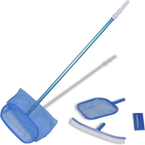 Kit d'entretien de piscine avec manche télescopique et brosse.