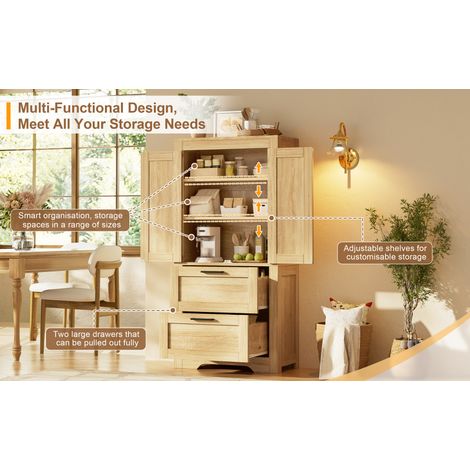 Buffet en bois naturel style campagne avec 2 tiroirs et étagères réglables, pour cuisine, salle à manger et salon (1/5)