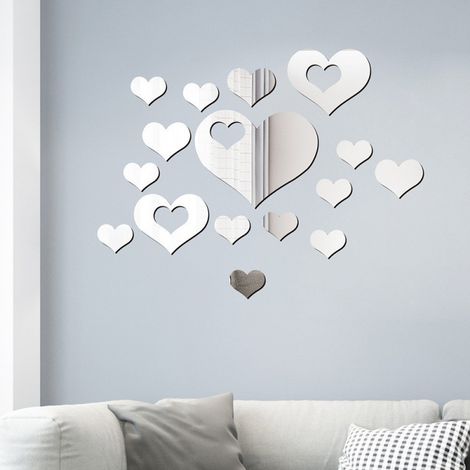 A set of 16 self-adhesive acrylic mirror-effect wall stickers, silver heart-shaped, for interior decoration. (1/5)