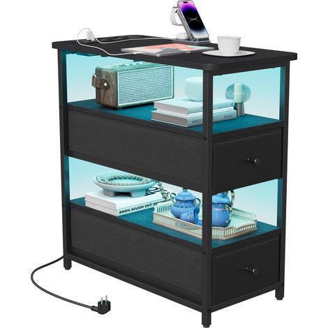 Table de Chevet moderne avec éclairage LED, Ports USB, 2 tiroirs, 2 compartiments ouverts – Panneau de particules – Dimensions 28x58x60.5 cm – Noir (1/5)