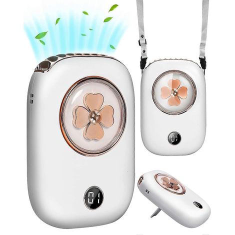 Ventilateur de cou portable mini rechargeable à 3 vitesses, batterie 2000 mAh avec indicateur de batterie LED et cordon (blanc) (1/5)