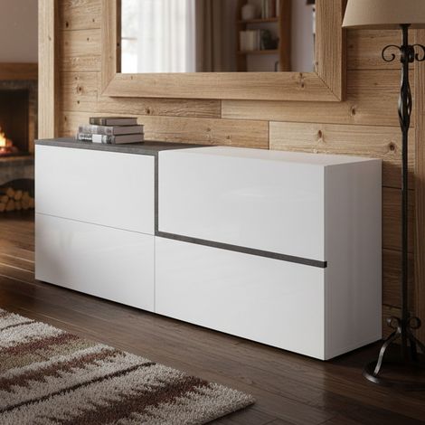 Dmora - Kommode Dgels, Küchen-Sideboard, Wohnzimmer-Buffet, 100 % Made in Italy, cm 210x40h80, glänzend weiß und Schiefer (1/4)
