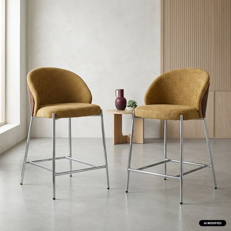sweeek - Lot de 2 tabourets de bar bois de peuplier teinté noyer. acier chromé et tissu texturé moutarde - Paul (1/5)