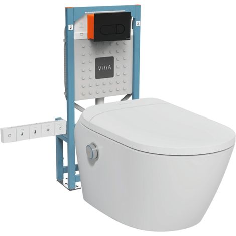 Pack WC lavant suspendu sans bride avec abattant et attentes électriques VitrA V-Care Ultra blanc + bâti autoportant V-Fix Easy + plaque noir mat (1/4)