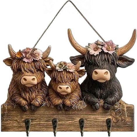 Porte-clés mural 2D en forme de tête de taureau, avec 4 crochets en bois, idéal pour une entrée ou une décoration de style campagnard. (1/5)
