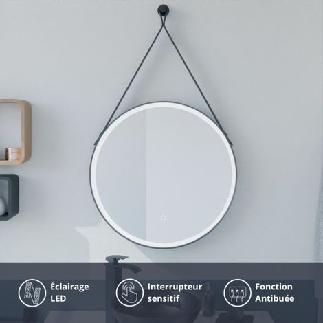 Miroir lumineux rond antibuée avec lanière cuir et cadre noir RING 60 cm (1/4)