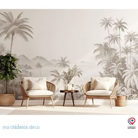 Papier peint : Palmiers, mer et ilots, Dessin - Intissé - L.200 x H.280 cm - Marron clair (1/3)