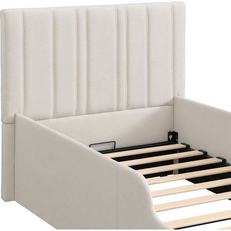 Lit rembourré, lit simple, lit enfant 90 x 200 cm, lit fonctionnel hydraulique, lit avec sommier à lattes, tête de lit et grand espace de rangement, tête de lit rembourrée, beige, lin (1/5)