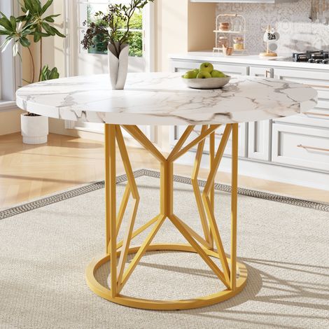 Table à manger ronde en MDF aspect marbre et métal doré 100x100x76 cm (1/5)