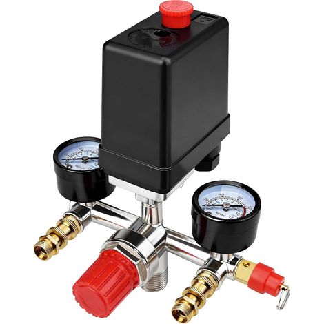 Pressostat pour Compresseur d‘Air, Interrupteur de Pression Réglable 90 120 PSI avec Manomètre, pour Compresseur d’Air et Outils Pneumatiques (1/5)