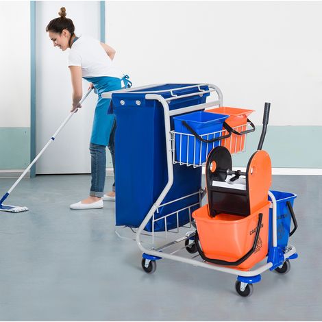 Reinigungswagen mit 4 Eimern, Mop-Presse, Abfallsack, 93 x 80 x 97 cm, blau HAVRYA