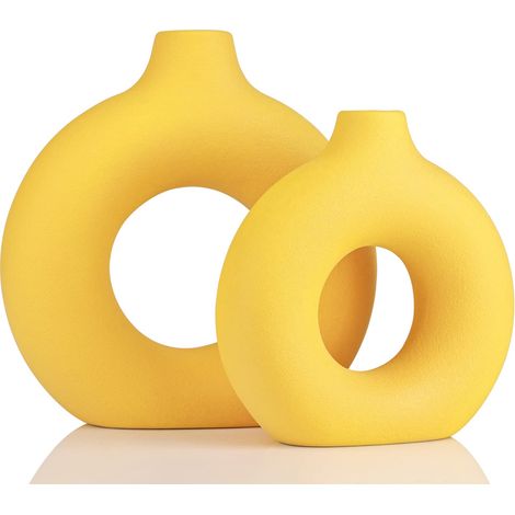 Lot de 2 vases décoratifs jaunes en forme de donut, creux, circulaires, modernes, en céramique mate pour entrée, salon, chambre, table à manger, centre de table, bureau, décoration d'intérieur (1/5)