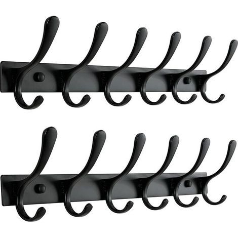Lot de 2 porte-manteaux muraux – 6 crochets, très résistants, en acier inoxydable, crochets muraux robustes pour suspendre manteau, veste, vêtements, chapeau, noir (1/5)
