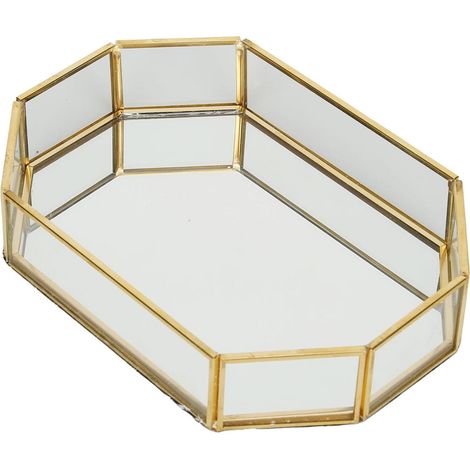 Octagonal Glass Storage Box, Mini Dessert Tray for Gold Jewelry Necklaces with Flannel Lining for Succulents, 7.9x5.5x1.6 Inches (1/5)